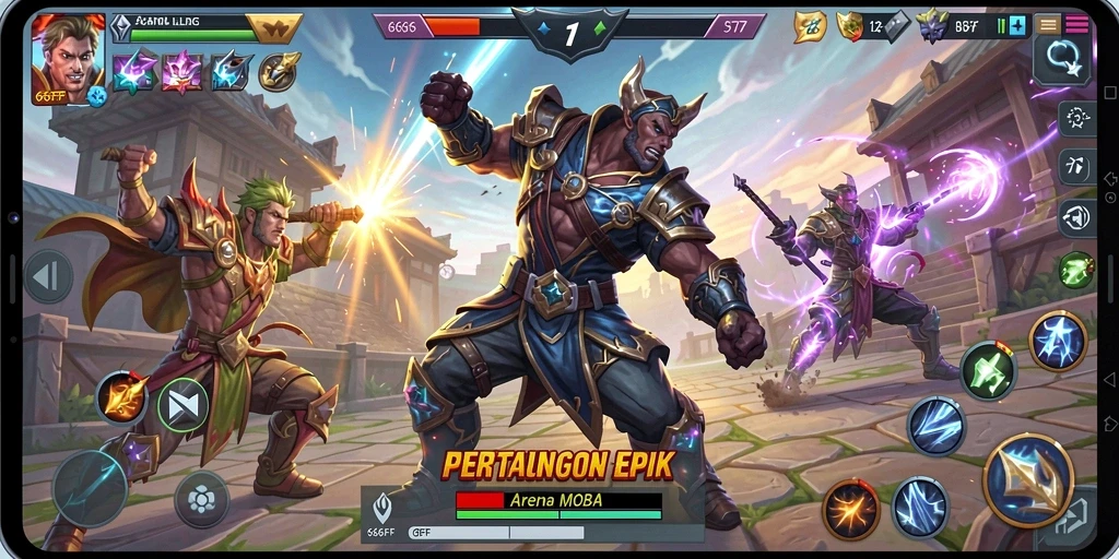 Gameplay seru dengan strategi tim di arena MOBA.