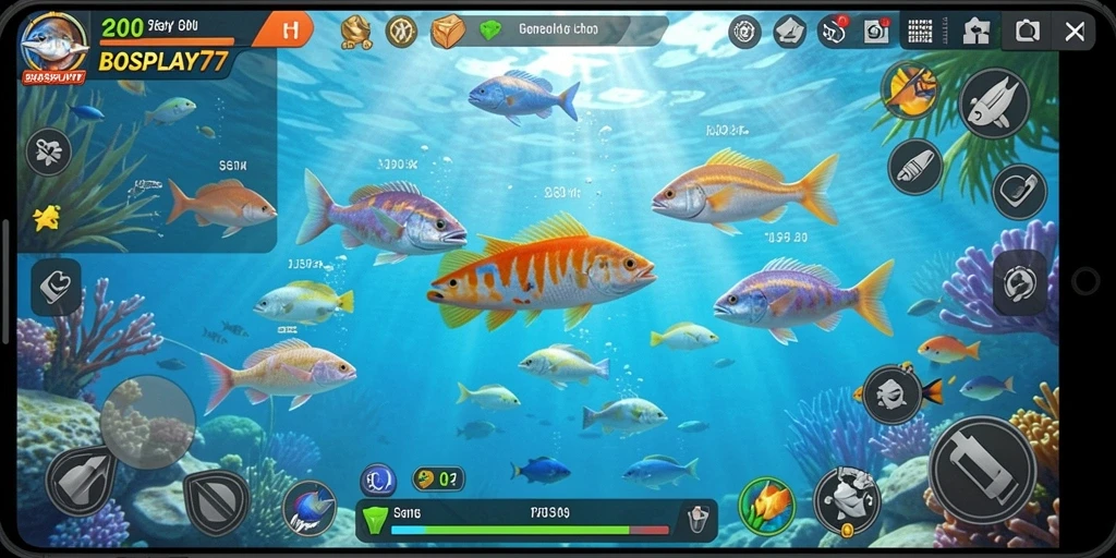 Screenshot utama BOSPLAY77 menampilkan gameplay Tembak Ikan yang seru.