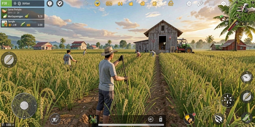 Tampilan gameplay FO8 dengan aktivitas bertani dan panen.