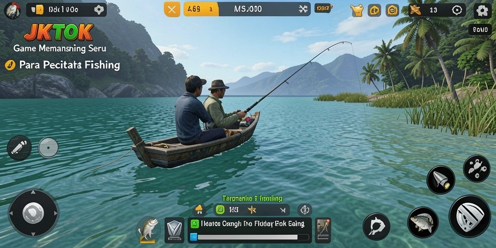 Screenshot utama JKTOK menunjukkan pemain yang menangkap ikan dengan latar belakang indah untuk pengalaman memancing.