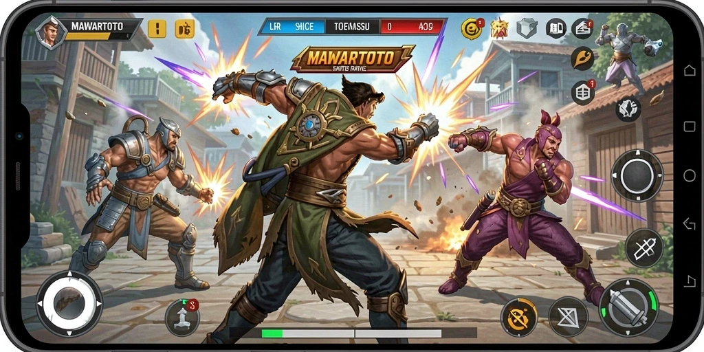Screenshot utama MAWARTOTO menunjukkan aksi pertempuran intens di Battle Royale.