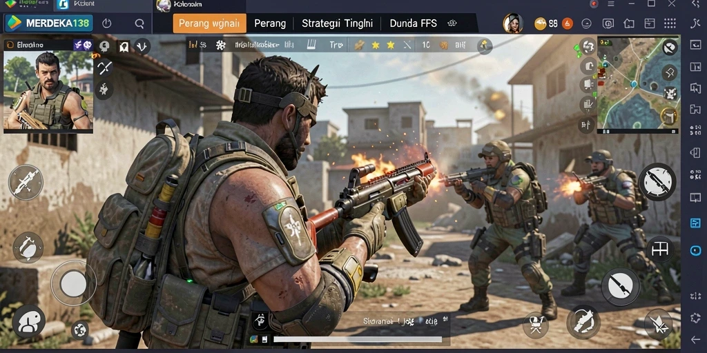 Tangkapan layar gameplay MERDEKA138 menampilkan aksi tembak-menembak yang intens.