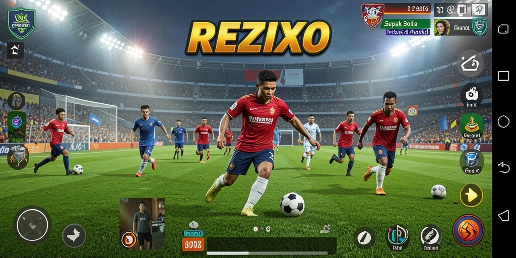 Tangkapan layar gameplay REZIXO yang seru dalam pertandingan sepak bola.