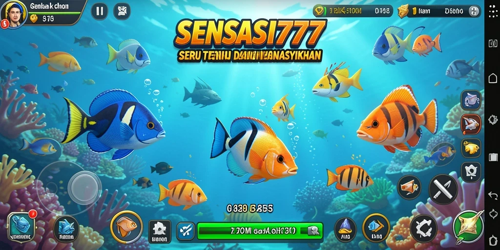 Gameplay SENSASI777 dengan ikan berwarna-warni di lautan.